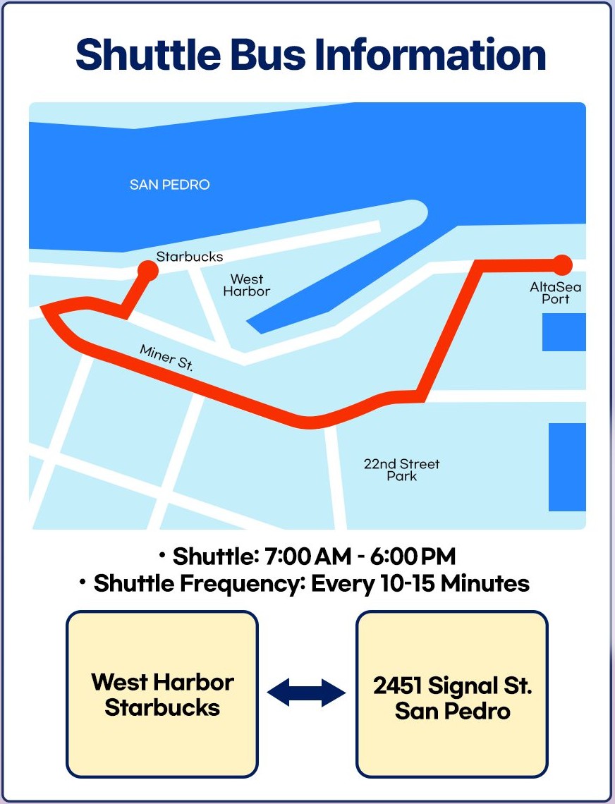 Shuttle bus map — between West Harbor Starbucks and 2451 Signal St (AltaSea)